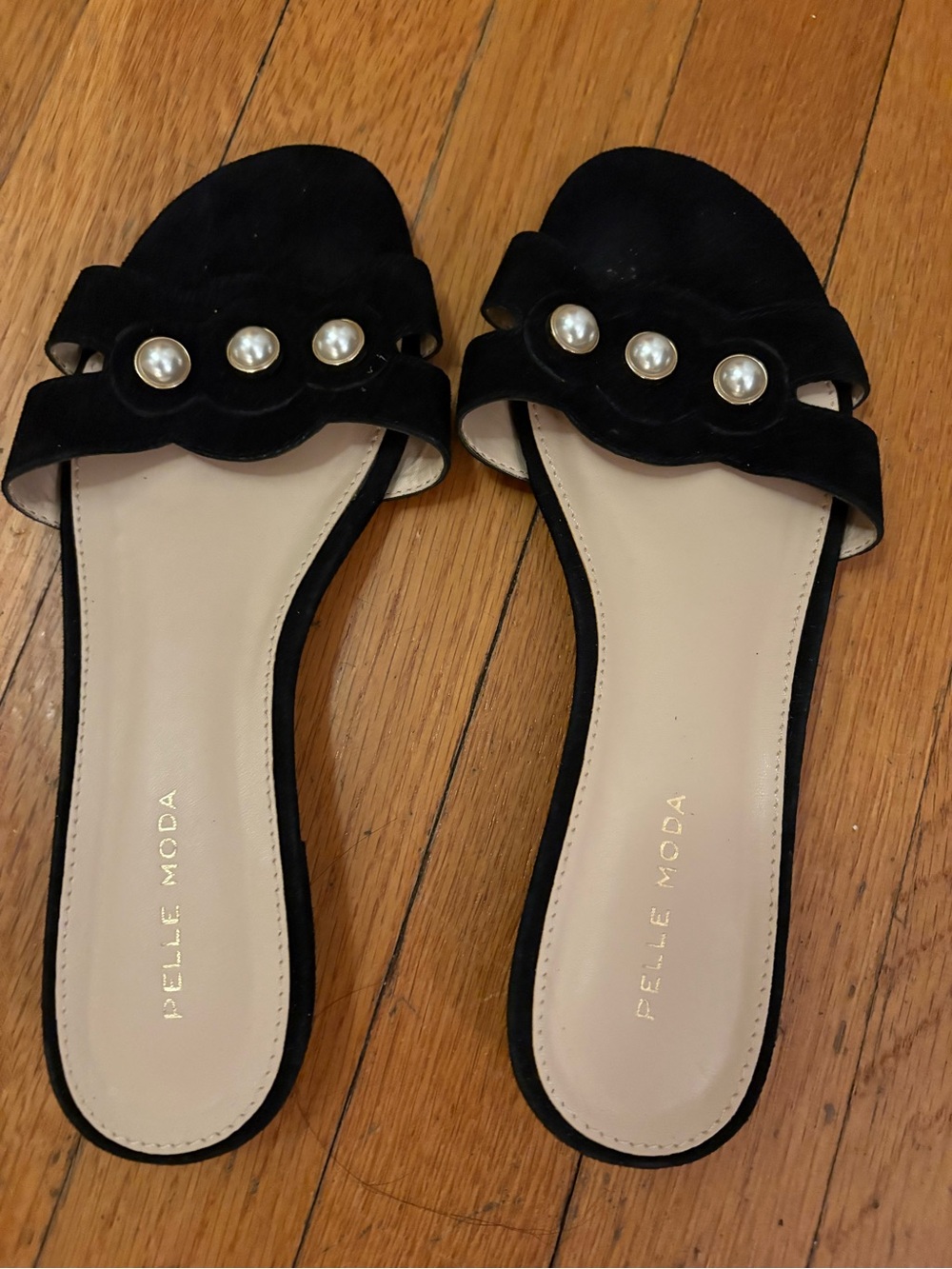 Pelle Moda Black Velvet Slide Sandals with Pearl Accents